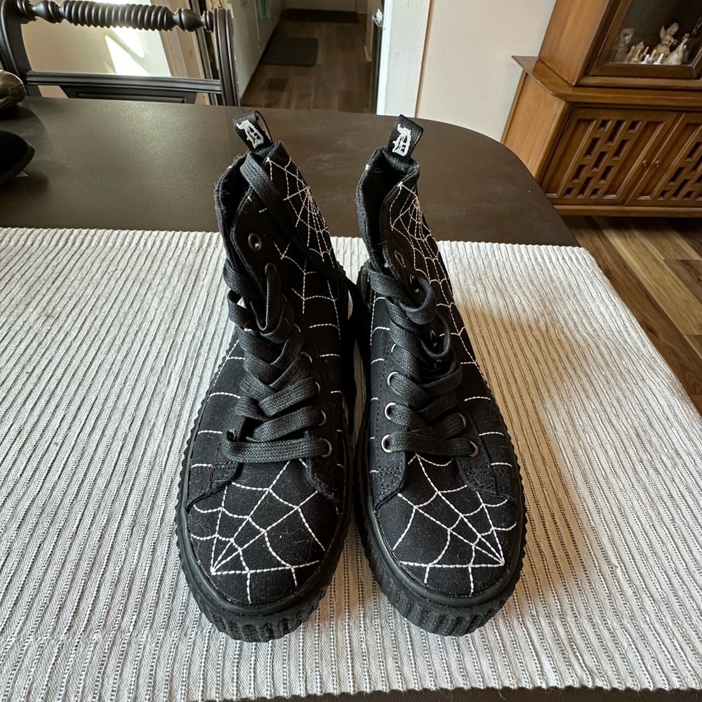 Demonia Black Lace-Up Platform Boots with White Spiderweb Embroidery - Picture 2 of 4